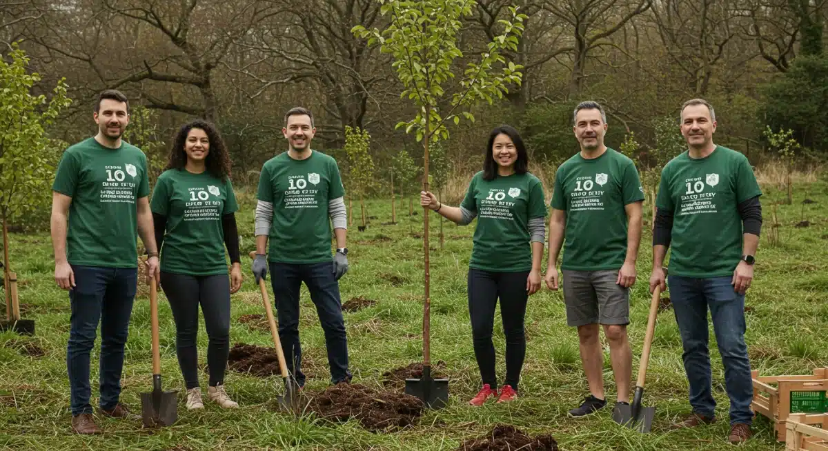 Small business employees planting trees as part of a sustainability initiative
