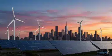 Illustration of clean energy infrastructure in a modern US city.