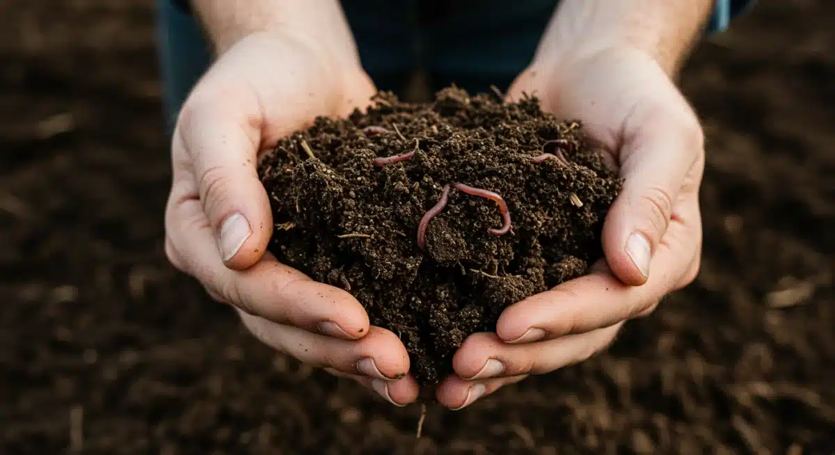 Close-up of healthy, dark, living soil with earthworms from regenerative farm.