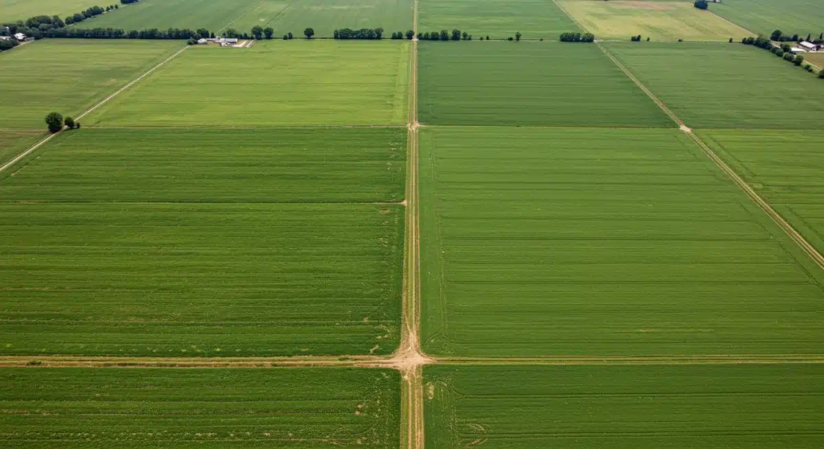 Aerial view of no-till farm with cover crops, demonstrating soil health.