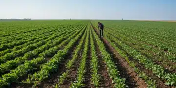 Vibrant regenerative farm with diverse crops, healthy soil, and clear sky.
