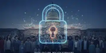 Digital lock with AI patterns safeguarding consumer data against a US Capitol backdrop.