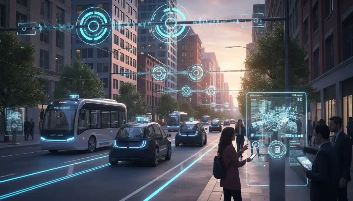 Autonomous electric vehicles and smart traffic systems in a modern urban environment.