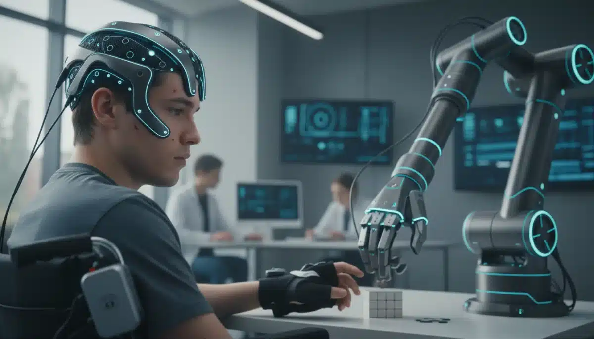 Person utilizing brain-computer interface for robotic arm control.