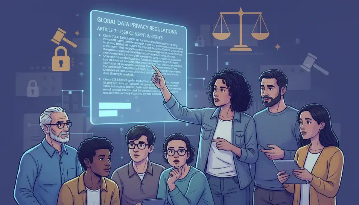 Consumers examining complex data privacy regulations, emphasizing understanding and engagement.