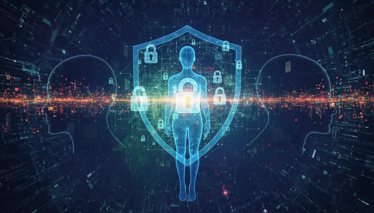 Abstract depiction of data privacy and security in the age of bio-digital convergence.