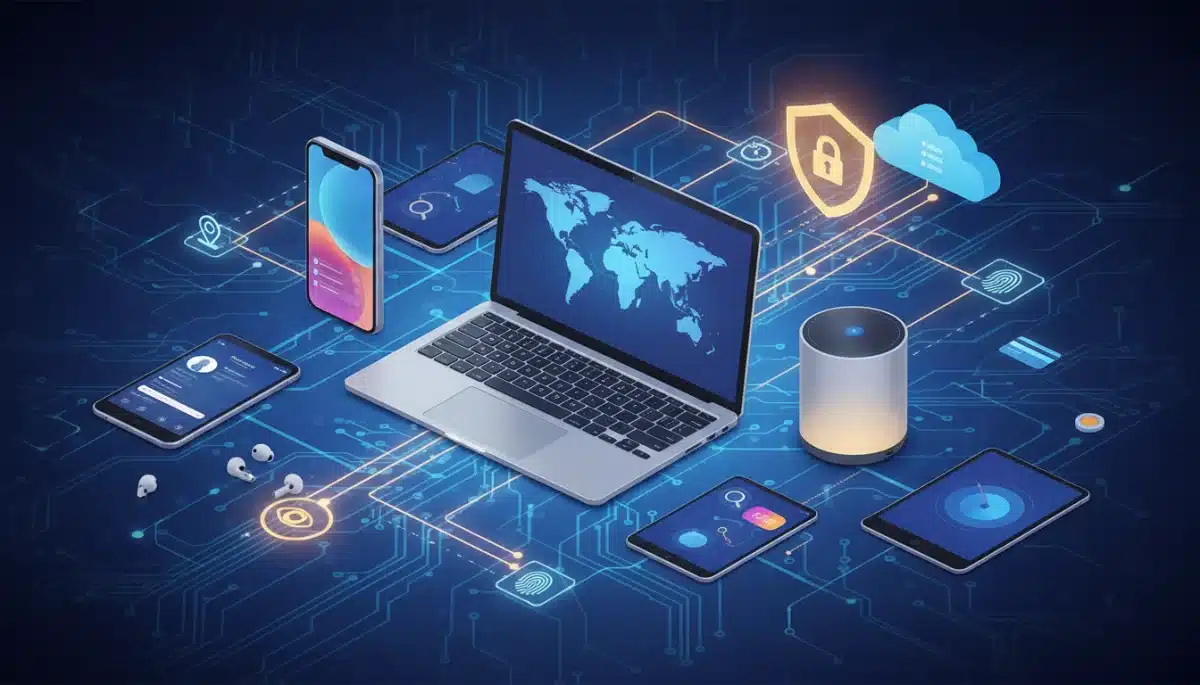 Interconnected digital devices with data flow and a protective shield representing new privacy regulations.