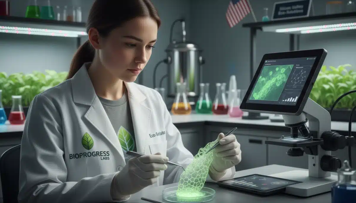 Scientist examining eco-friendly material in a lab, representing sustainable tech R&D.