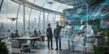 Futuristic office with human-robot collaboration, representing automation's impact on work.