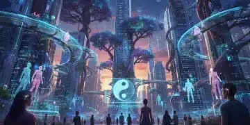 Futuristic urban landscape showing bio-digital convergence with integrated technology and nature.