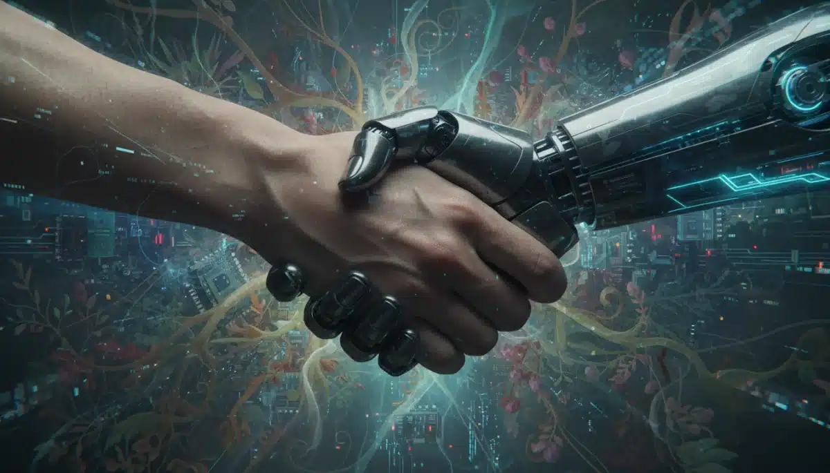 Symbolic image of human-machine interface, representing bio-digital augmentation and its ethical implications.