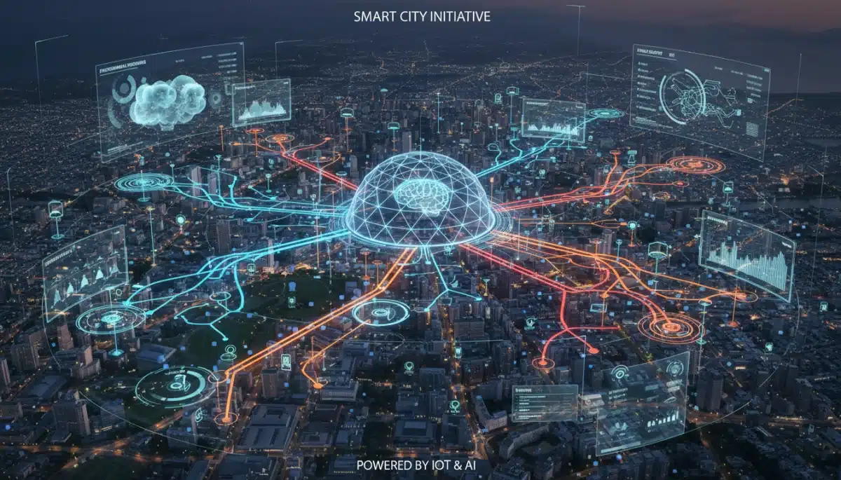 IoT sensor network and AI data visualization for smart city management.