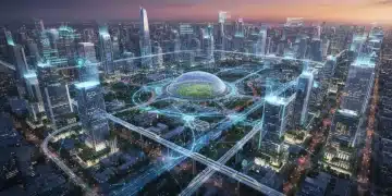 Futuristic smart city skyline at dusk with integrated technology and efficient infrastructure.