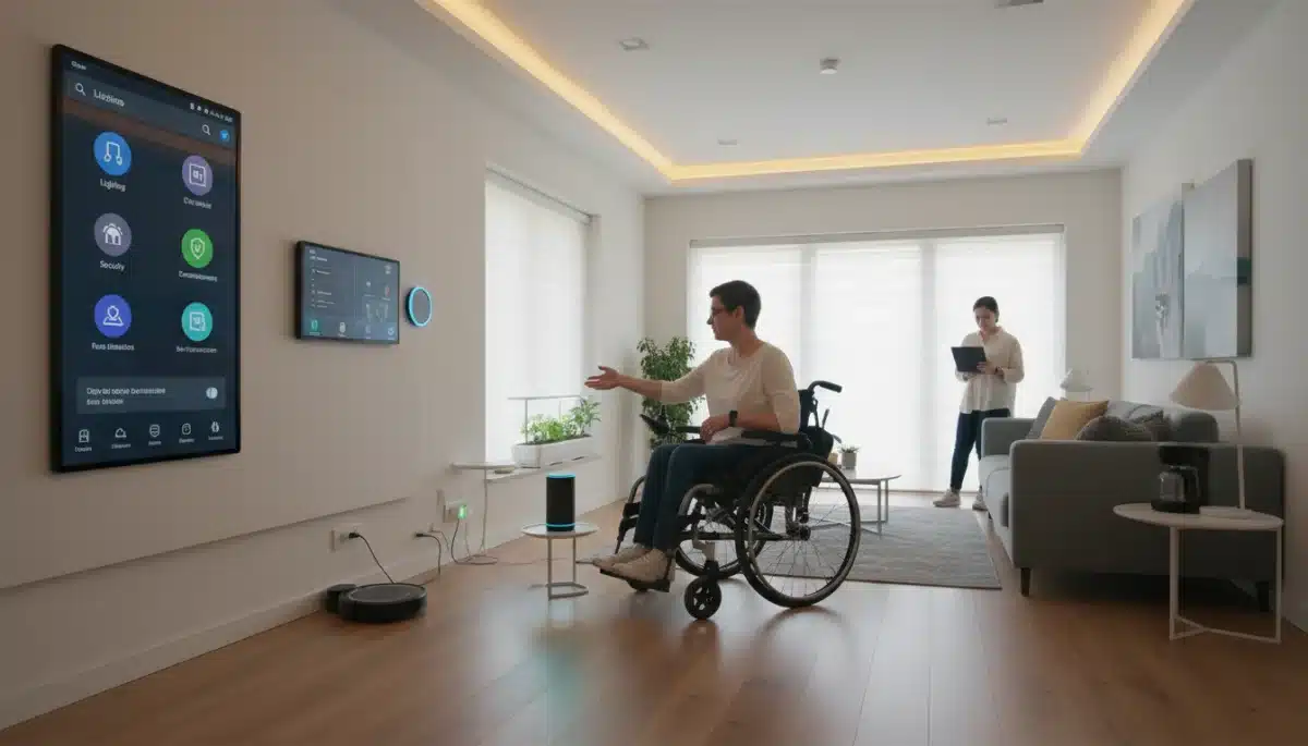 Smart home with voice assistant and accessible IoT devices.