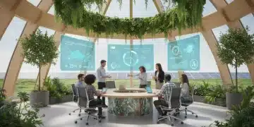 Diverse team of US startup founders innovating in sustainable technology to reduce carbon footprints.