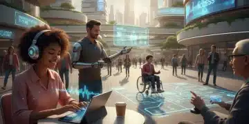 Diverse individuals engaging with accessible technology for improved inclusivity by 2027.