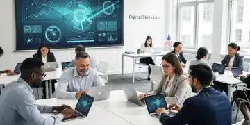 Professionals learning advanced digital skills in a modern U.S. classroom.