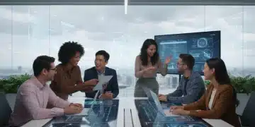 Professionals collaborating digitally in a modern office environment, showcasing teamwork and innovation.