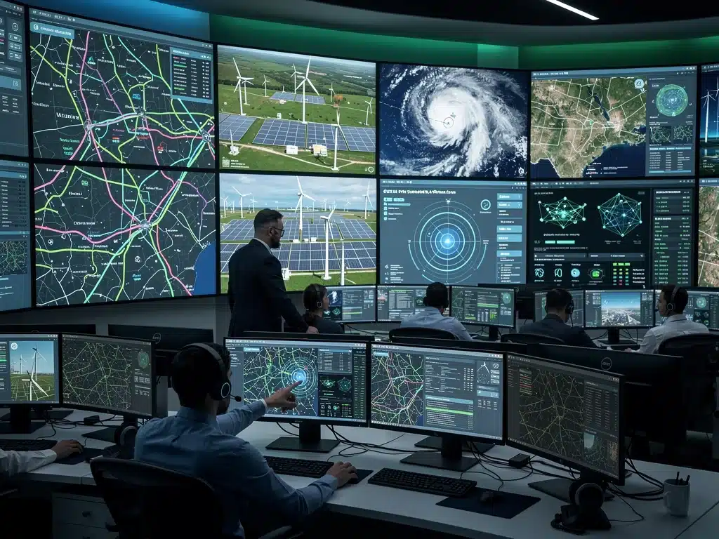 Control room operators monitoring clean energy grid with cyber-physical systems