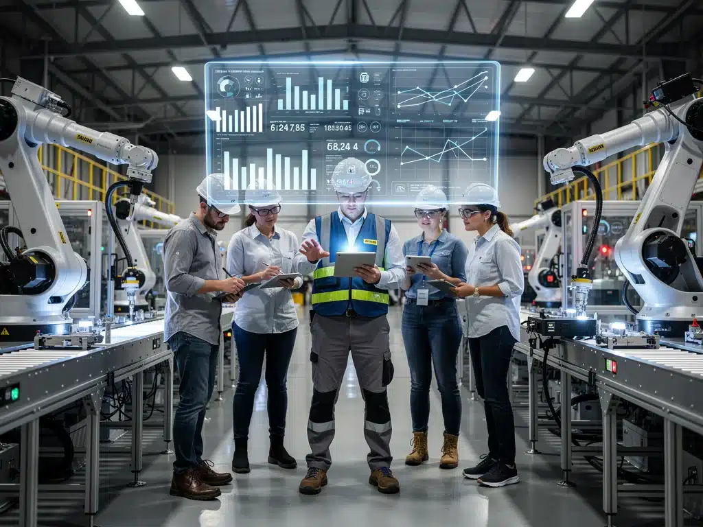 Engineers working with robotic arms and holographic data in smart factory