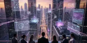 Futuristic cityscape with data overlays and professionals, symbolizing cyber-physical systems expertise