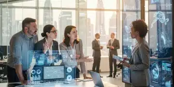 Professionals collaborating with AI, emphasizing emotional intelligence in a futuristic office setting.