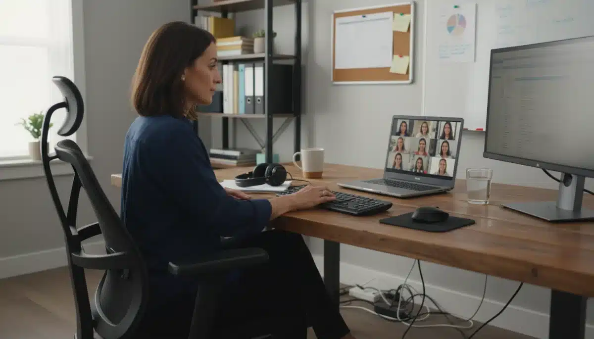 U.S. employee engaged in a video conference, demonstrating effective remote digital collaboration.