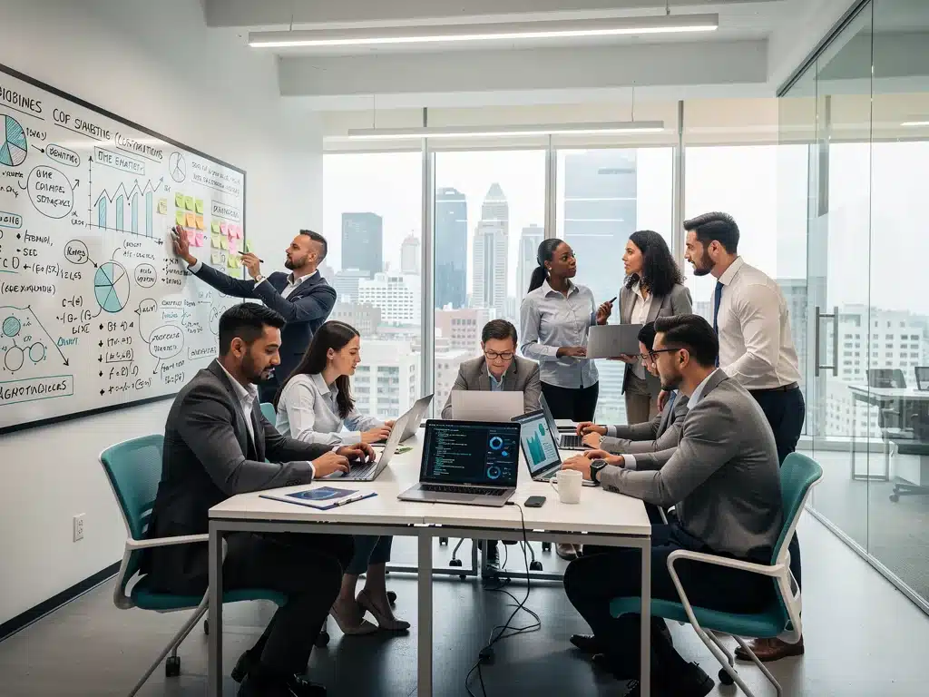Diverse team collaborating on a data analytics project in a modern office.
