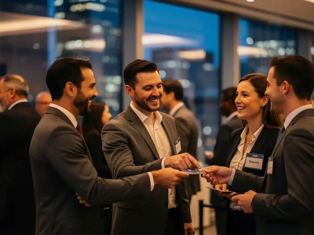 Professionals networking at a career development event in a U.S. city.