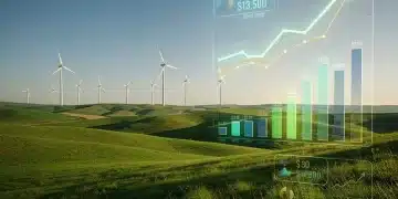 Financial charts overlaying a serene landscape with wind turbines, representing green bond investments.