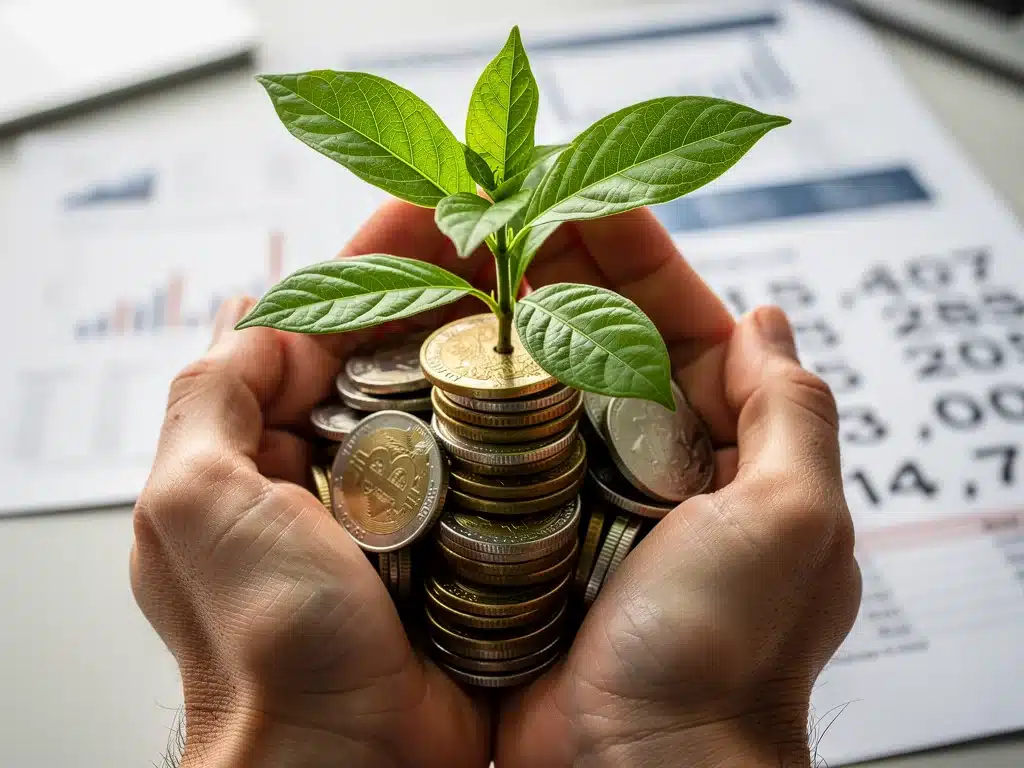 Hands holding a green plant growing from coins, illustrating the concept of green investment growth.