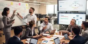 Professionals collaborating on complex problem-solving in a modern office