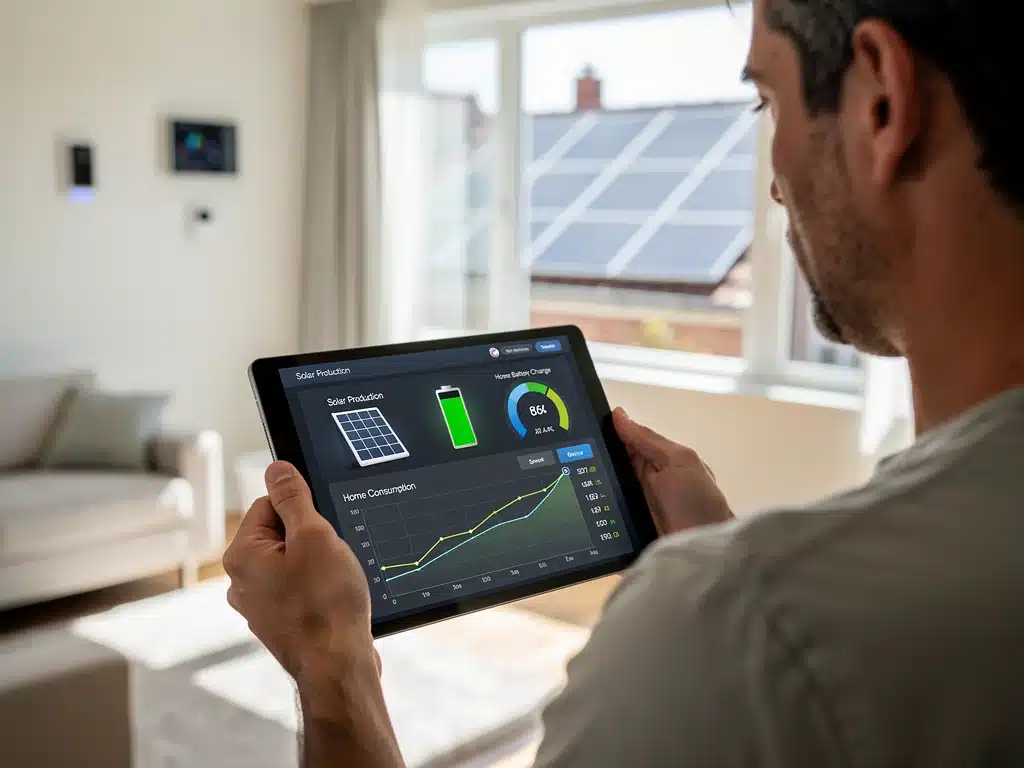 Homeowner monitoring solar energy production on a tablet, demonstrating smart energy management.