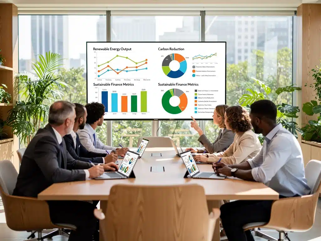 Team collaborating on sustainable finance data in a modern, eco-friendly office environment.