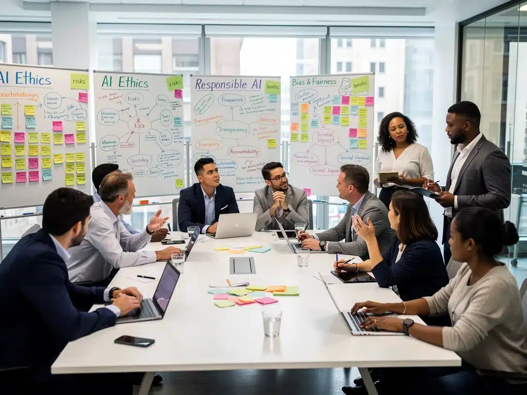 Professionals discussing AI ethics and responsible development in a workshop