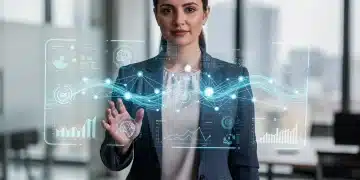 Professional engaging with AI data on a holographic screen, symbolizing future skills. Upskill for 2026.
