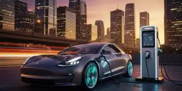 Futuristic electric car charging at a station in a modern city at dusk, symbolizing the future of electric vehicles.