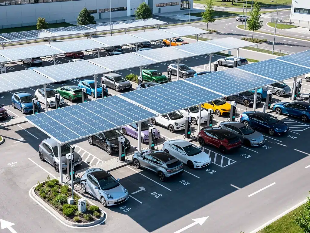 Aerial view of a large electric vehicle fast-charging hub with solar panels, showcasing robust charging infrastructure.