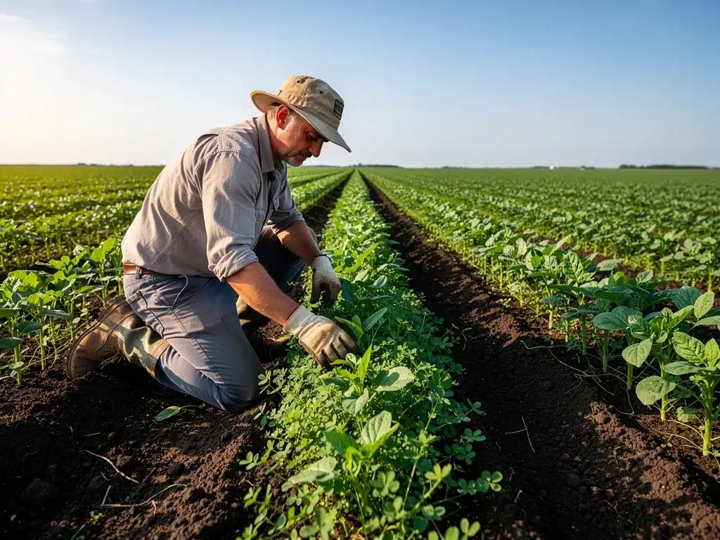 Farmer inspecting cover crops in a field, demonstrating regenerative agriculture for soil health.