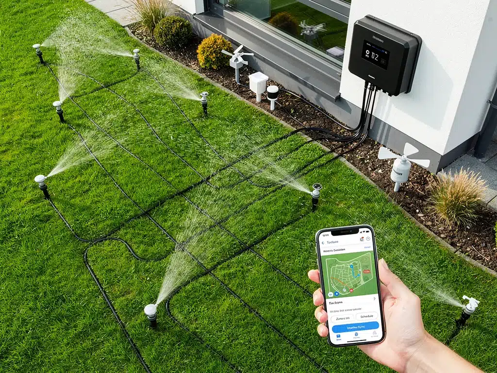 Smart irrigation system efficiently watering a residential garden.