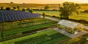 Diverse US farm landscape with sustainable practices like cover crops and solar panels, symbolizing agricultural innovation.