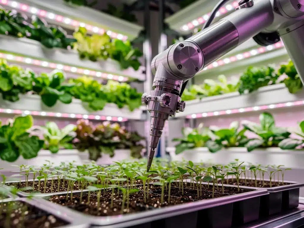 Robotic arm planting seedlings in an indoor vertical farm under LED lights, illustrating precision agriculture.