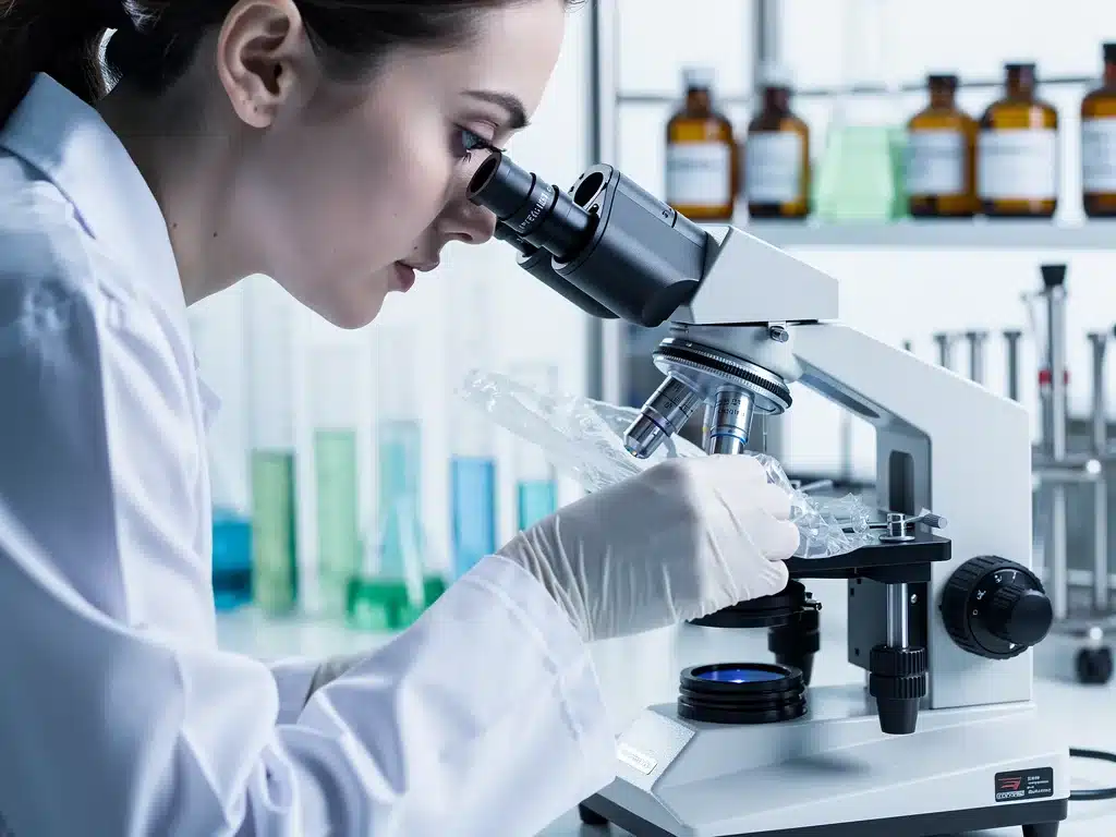 Scientist examining new biodegradable packaging material in a lab