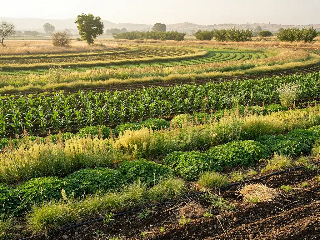 Drought-resistant crops and cover cropping for soil health in a diverse agricultural field.