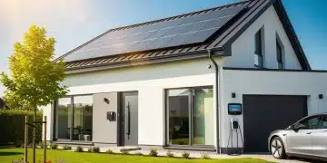 Modern home with solar panels, energy-efficient windows, and a lush green lawn, representing 2026 federal tax credits for home improvements.