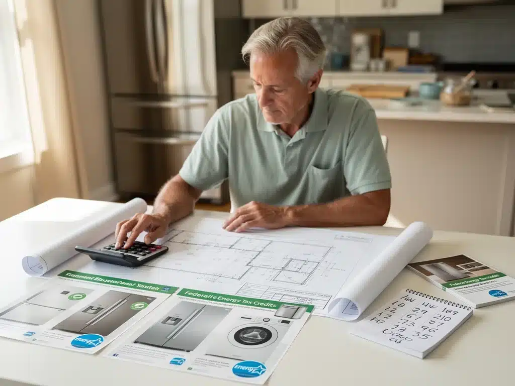 Homeowner planning energy-efficient home renovations, calculating potential 2026 federal tax credits.