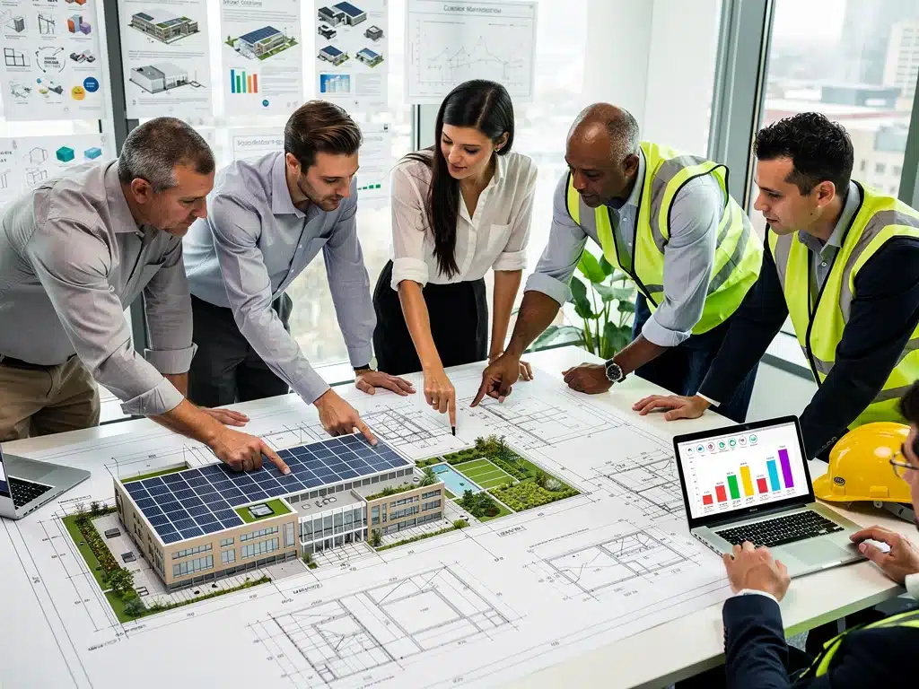 Architects and engineers reviewing LEED commercial property blueprints