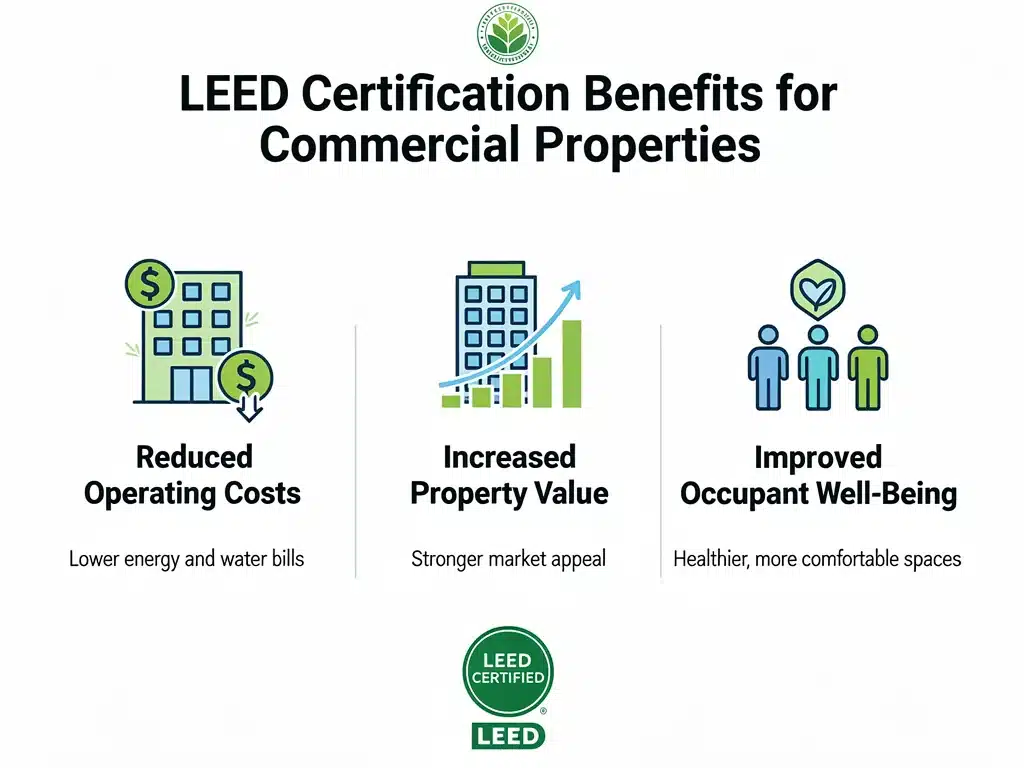Infographic showing benefits of LEED certification for commercial properties