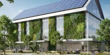 Modern commercial building with green walls and solar panels, showcasing 2026 green building standards