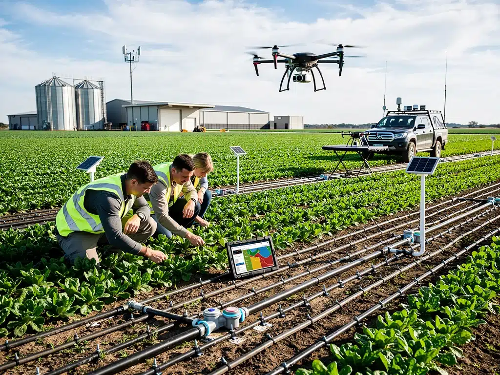 Precision agriculture technology in use for climate adaptation, showing smart irrigation.